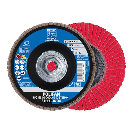 Pferd 5" x 5/8-11 Thd. POLIFAN Flap Disc - CO-COOL SG STEELOX, Ceramic oxide, 60 Grit, Conical 62683